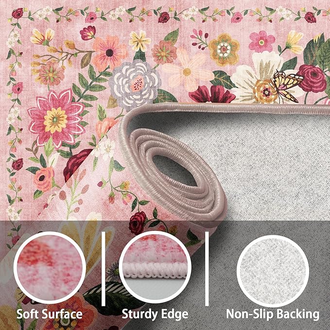 Pink Rug for Hallways Kitchen Rug 2x6, Non Slip Washable Rugs with Rubber Backing Soft Floral Carpet Runner for Hallways, Kitchen, Laundry, Bedroom, Bathroom (Pink Garden, 2 x 6)