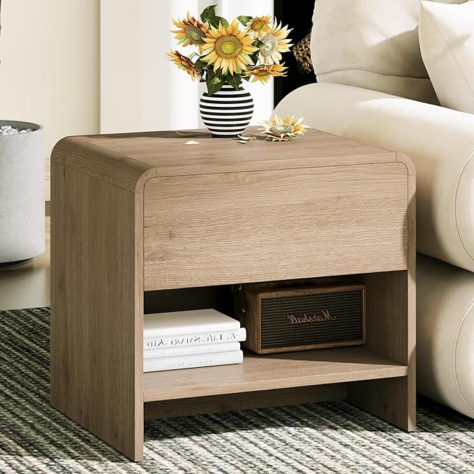 Nightstand with Drawer and Open Shelf, Wood Bedside Table Farmhouse End Table for Bedroom, Boho Night Stand Small Sofa Side Table for Living Room, Light Oak