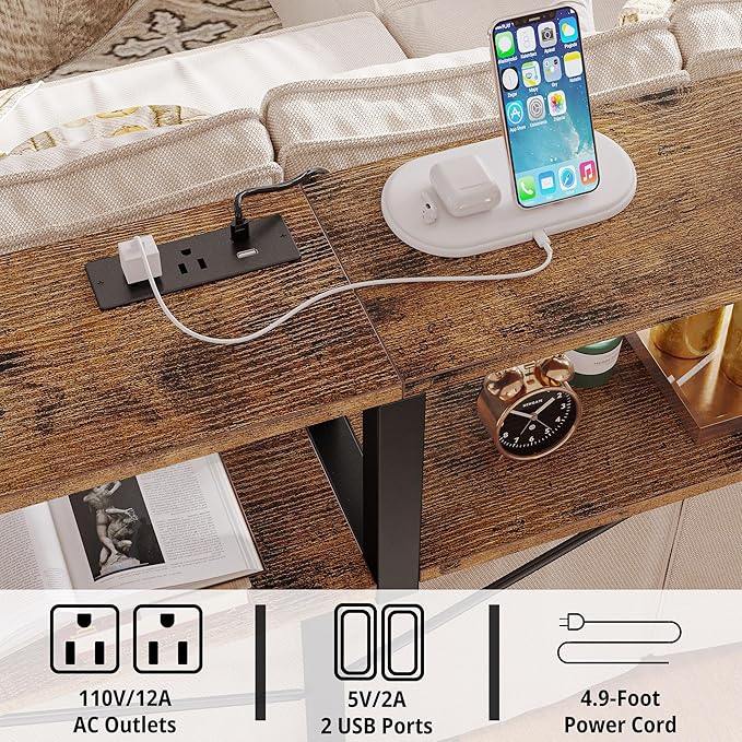 IRONCK Console Table with Power Outlet, Long Sofa Table with Shelves and X-Shaped Design, Narrow Sofa Entryway Behind Couch Table for Living Room and Hallway, Vintage Brown