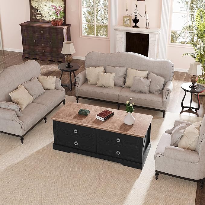 Coffee Table with Storage, 47.2 in Rustic Wooden Center Table with 4 Drawers for Living Room, Easy Assembly Rectangle Home Office Farmhouse Tea Accent Table for Apartment, Oak Black