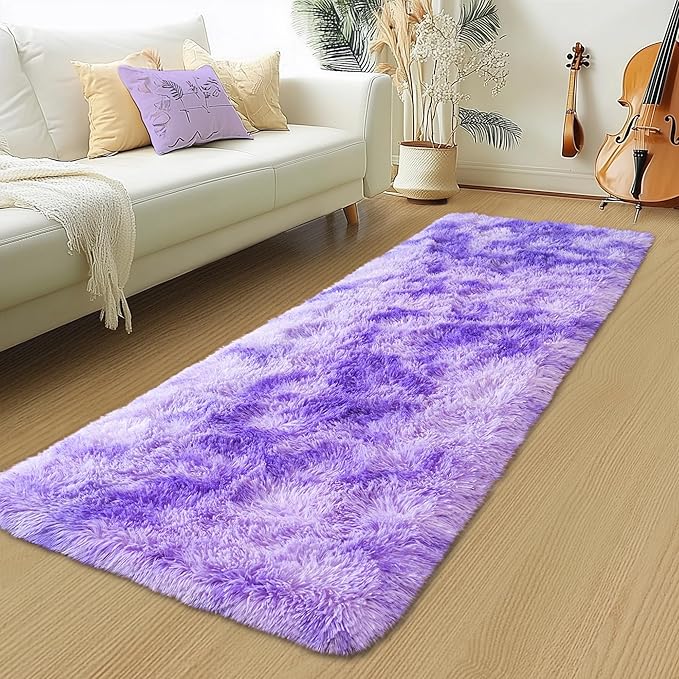 Fluffy Runner Rugs for Bedroom Hallways, 2x6 Runners for Hallways Fluffy Throw Area Rug Non Slip for Bedside Dorm, Shag Rugs for Girls Boys Bedroom, Floor Carpet Runner for Kids Dorm, Tie-Dyed Purple