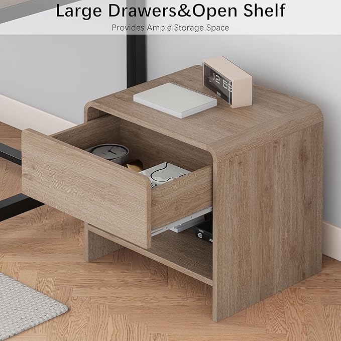 Nightstand with Drawer and Open Shelf, Wood Bedside Table Farmhouse End Table for Bedroom, Boho Night Stand Small Sofa Side Table for Living Room, Light Oak