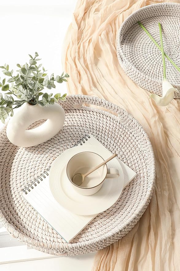 HITOMEN 14.2" Hand-Woven Round Rattan Serving Tray Decorative Ottoman Wicker Platter with Handles for Coffee Table, Breakfast, Drinks, Snack, Bread, Fruit, Vegetables (Whitewash-L)
