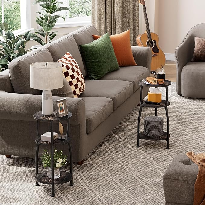 Small Round Side Table, 3-Tier End Table with Storage Shelf, Slim Sofa Table Coffee Table, Sturdy & Easy Assemble Nightstand for Small Spaces, Living Room Bedroom Corner, Oak Dark