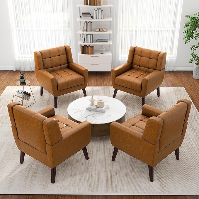 Pia Ricco 2 Pack Mid Century Modern Accent Chairs, Button Tufted Faux Leather Armchairs - Easy-Clean Matching Set for Living Room, Durable Sofa Chairs for Home Office & Lounge, Brown