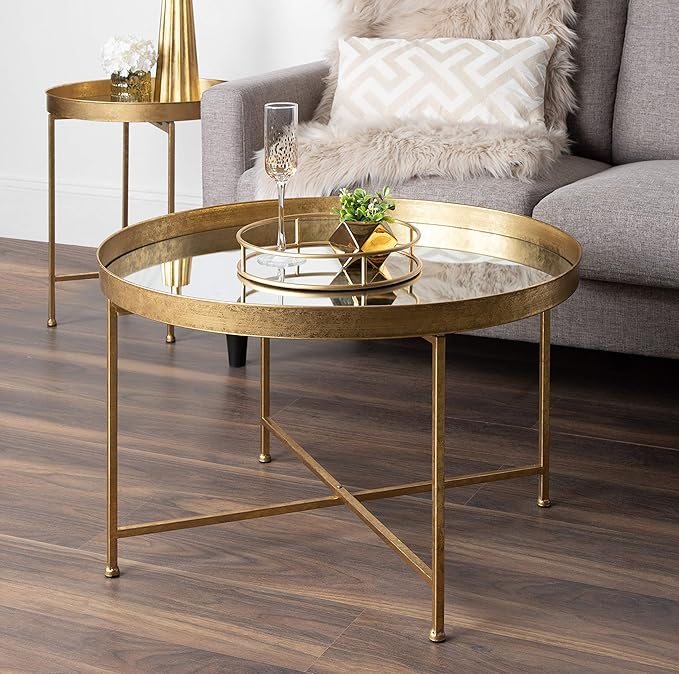 Kate and Laurel Celia Metal Foldable Round Accent Table, 18.25" x 18.25" x 22", Glass Surface and Gold Frame, Modern Minimalist Design and Detachable Magnetic Tabletop