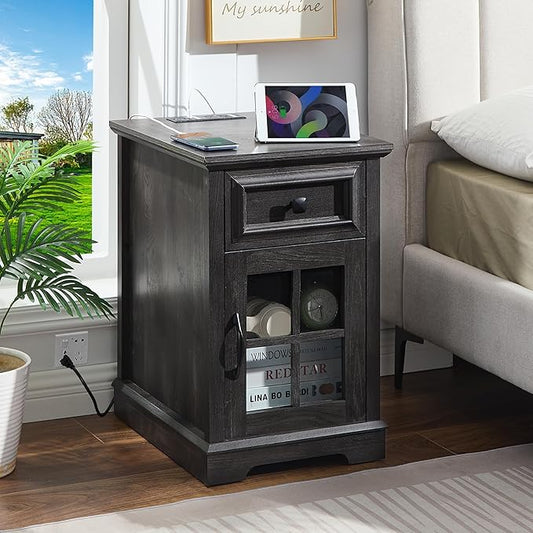Farmhouse XXL End Table with Charging Station, Side Table with USB Ports and Outlets, Nightstand with Drawer and Glass Door Storage, Grey Bedside Tables for Living Room, Bedroom, Office
