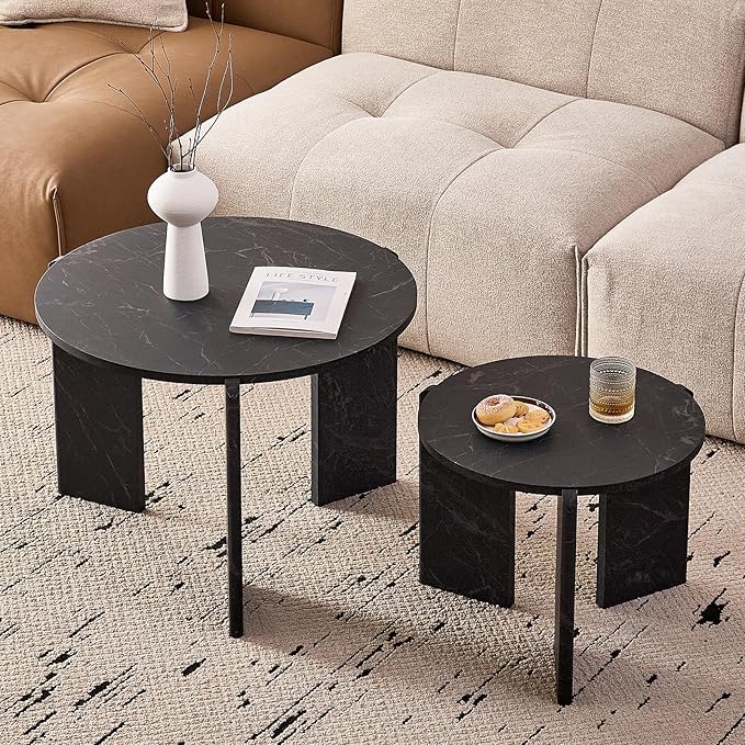 Round Nesting Coffee Tables Set of 2 for Living Room [Interchangeable Height] φ27.6 + φ19.7 Mid Century Modern Circle Side Tables for Bedroom Office Studio Apartment