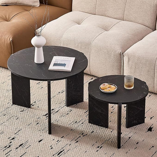 Round Nesting Coffee Tables Set of 2 for Living Room [Interchangeable Height] φ27.6 + φ19.7 Mid Century Modern Circle Side Tables for Bedroom Office Studio Apartment