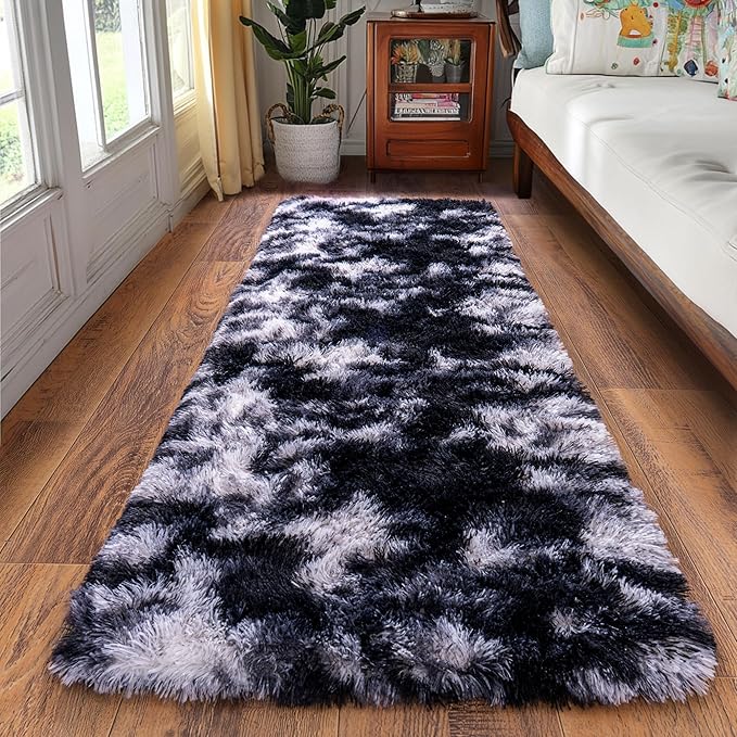 Runner Rugs for Bedroom 2x6 Soft Shag Bedside Rug, Fluffy Area Rug Throw Rugs for Living Room, Floor Carpet Runner for Nursery Kids Dorm Home Decor, Black and White
