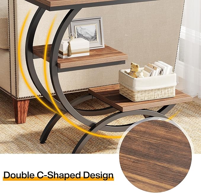 Tribesigns C-Shaped End Table Set of 2, Industrial 3-Tier Small Side Table for Couch, Wood Bedside Table Snack Side Table with Storage Shelves for Living Room Small Space, Rustic Brown