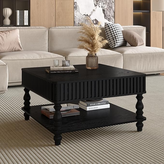 31.5" Lift Top Fluted Coffee Table with Hidden & Open Storage, Modern Square Wooden Center Table Cocktail Tea Table with Curved Safety Corners and Adjustable Height for Living Room, Black