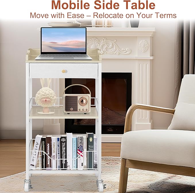 Small Side Table Stand with Storage Drawer, 4-Tier Narrow End Tables for Small Spaces, Skinny Nightstand for Living Room, Bedroom, Vanity Room, Office and Dorm Room, White&Natural