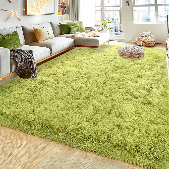 Ultra Fluffy Area Rugs for Living Room Bedroom, 6x9 Fuzzy Large Living Room Rugs, Thick Shag Rug for Dorm, Soft Non Slip Kids Girls Boys Rug for Home Decor Aesthetic, Green