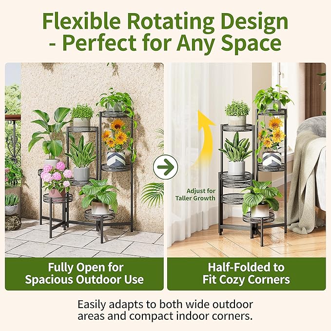 Plant Stand Indoor Outdoor, 7 Tier Large Plant Stand with 7.9-Inch Wide Drainage Tray, Tiered Corner Metal Iron Flower Display Holder Shelf, Folding Tall Rack for Patio Balcony Porch - BlackFlower