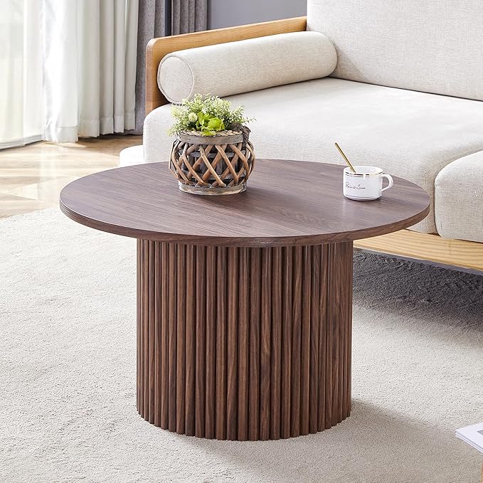27.5" Modern Round Coffee Table with Storage, for Living Room, Circle Wood Accent Center Table for Apartment, Walnut
