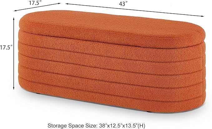 Storage Ottoman Bench End of Bed for Bedroom,43 inch Teddy Boucle Upholstered Entryway Shoe Seat Bench w/Storage,Sherpa Modern Cute Stool Foot Rest for Living Room,Window Seating,Orange