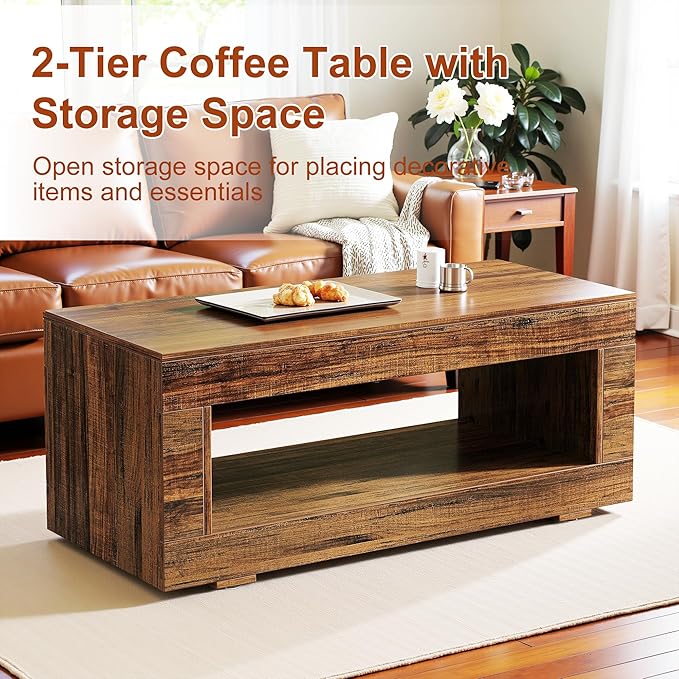 2-Tier Coffee Table with Storage Shelf, 43" Coffee Table for Living Room, Modern Wooden and Metal Accent Center Sofa Side Tables for Couch, Rustic Brown