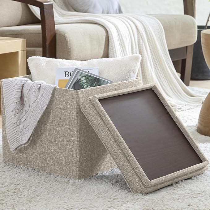 Ornavo Home Square Storage Ottoman Linen Foldable Tufted Cube Storage Ottoman Foot Rest Stool/Seat with Table Top Lid, Coffee Table Ottoman - 15" x 15" x 15" (Beige)