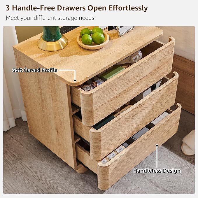 ACCOHOHO 22" Modern Nightstand with Charging Station, Push-to-Open Handleless 3-Drawer Bedside Table, Large End Table with Storage, Night Stand for Bedroom, Living Room, Curved Profile, Natural Oak