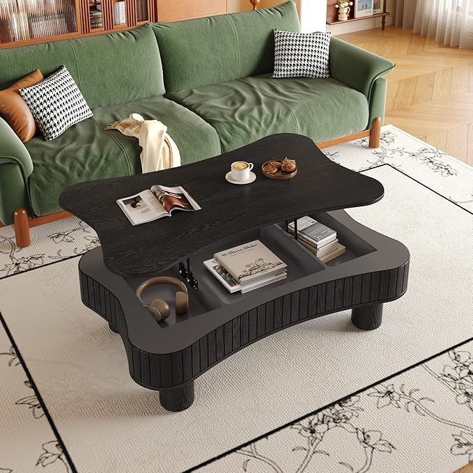42.5" Lift Top Fluted Coffee Table with Hidden Storage Compartment, Modern Cloud-Shaped Wooden Center Table Cocktail Tea Table with Curved Safety Corners and Adjustable Height, Black
