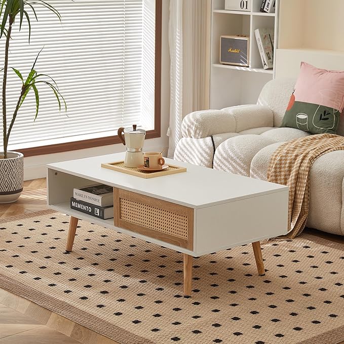 IANIYA 40.34" Boho Coffee Table, Rectangle Wooden Accent Center Tables, Living Room Table with Sliding PE Rattan & Solid Legs for Living Room, Apartment Small Space (White)