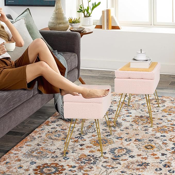 Vanity Chair with Storage, 15.7" L x 11.8" W x 17.7" H Teddy Velvet Vanity Stool with Coffee Table and Metal Legs, Multifunctional Makeup Stool for Vanity, Bedroom, and Living Room, Pink