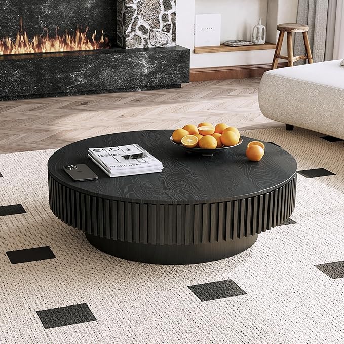 39.37 Inch Round Drum Coffee Table with Storage, Handcraft Fluted Drum Coffee Table, Modern Wooden Round Coffee Table Center Table with Sturdy Pedestal for Living Room Apartment(Black)
