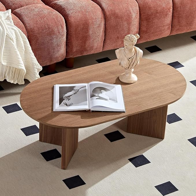 39.37'' Oval Coffee Table for Living Room, MDF Coffee Table Center Table for Bedroom, Modern Coffee Table End Table Side Table Accent Tea Table with Sturdy Pedestal for Apartment Office, Walnut