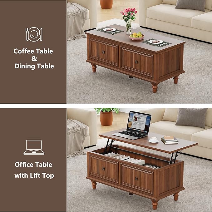 Lift Top Coffee Table for Hidden Compartment, 39" Wood Rectangular Center Table with Lift Tabletop, Sturdy Space-Saving Dining Table for Living Room Home Office Small Space (Walnut)