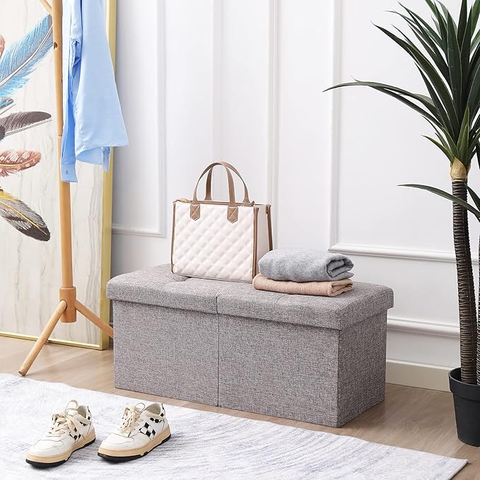 Cuyoca Foldable Seat Footrest Shoe Bench End of Bed Storage with Flipping Lid, 75L Storage Space, 30 inches Linen Fabric Grey