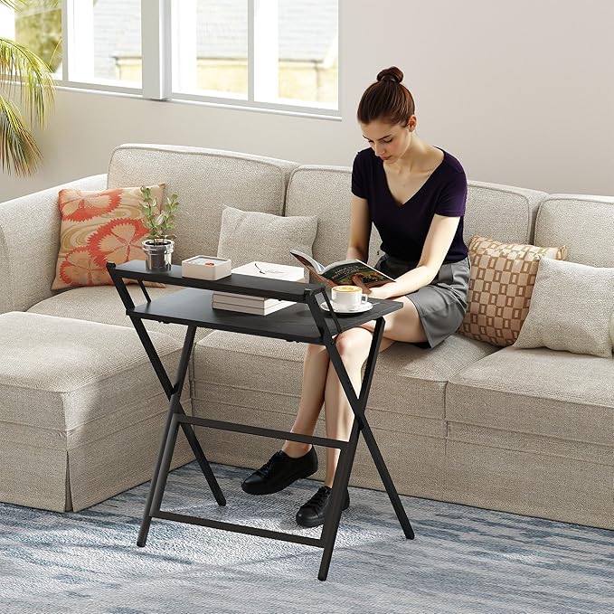 HOMCOM Small Folding Desk, 27.6 Inch Foldable Computer Desk with Monitor Shelf, Space Saving Portable Writing Table for Small Spaces, Home Office, Study, Easy Assembly, Black