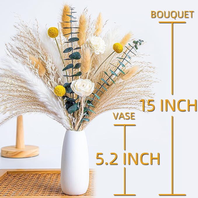 Dried Flowers kit Reed Diffuser for Home Decor (White Ceramic Vase Included) Boho Decor , Eucalyptus Pampas Grass Bunny Tail Arrangements,Table Room Decor Wedding Party Birthday