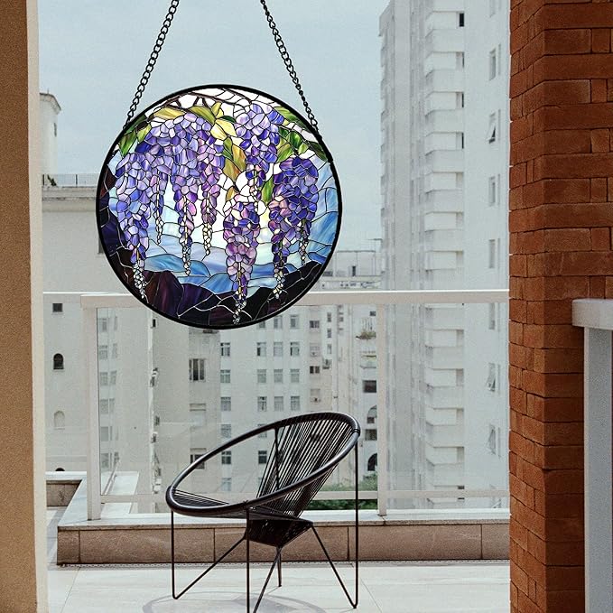 Stained Glass Window Hanging, Wisteria Flower Sun Catcher for Door Home Decor Purple and Blue Suncatcher Christmas Mother's Day Birthday Gifts for Women Men Mom and Nana 6.3 in
