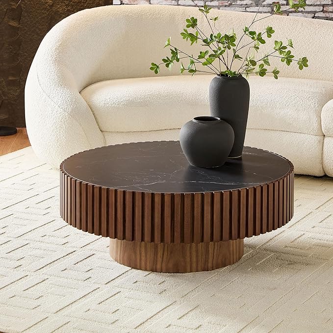 35.43" Round Coffee Table,Modern Handcraft Relief Drum Circle Wood Side End Accent Center for Living Room, Apartment, Walnut