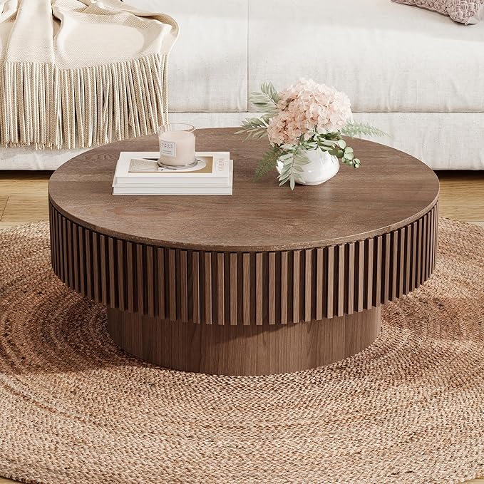 31.5 Inch Round Drum Coffee Table with Storage, Modern Handcraft Fluted Drum Coffee Table, Wooden Round Coffee Table Center Table with Sturdy Pedestal for Living Room Apartment (Walnut)