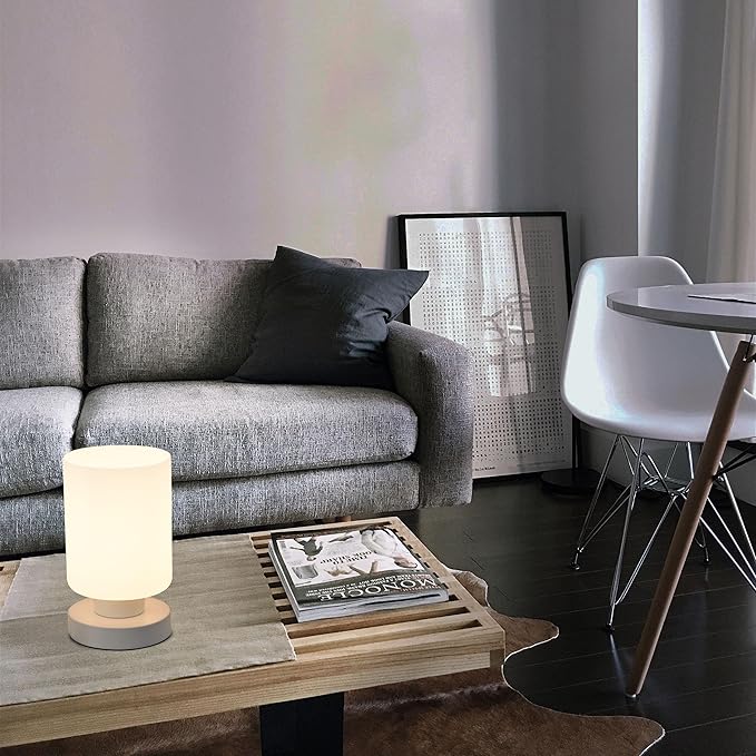 Touch Bedside Lamp, Mini Stepless Dimmable Table Lamps for Bedroom for Night Stands, Small Desk Lamp with Brightness Memory, USB Charging Ports, Warm LED Bulb, White, Cylindrical Shape, 1 Set