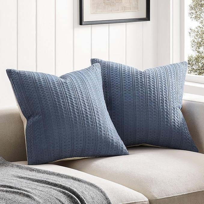 ZeeMart 100% Cotton Waffle Textured Throw Pillow Covers Set of 2, 22x22 Inch Blue, Soft Farmhouse Decorative Couch Pillow Cases Blue Cushion Covers for Sofa Bed Living Room Home Decor