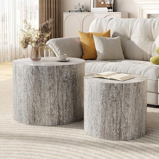 Nesting Coffee Table Set of 2, Round Dark Gray Nesting Table Modern Circle Coffee Tables Side End Tables for Small Spaces Living Room, Bedroom, Balcony, Office