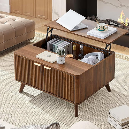 Fluted Lift Top Coffee Table with Large Hidden Compartment, 31.5” Wooden Center Table with Storage, Mid Century Modern Lift Tabletop Coffee Tables for Living Room Home Office, Walnut