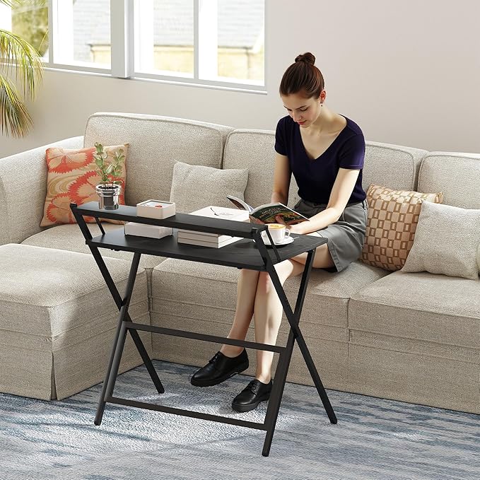 HOMCOM Small Folding Desk, 32 Inch Foldable Computer Desk with Monitor Shelf, Space Saving Portable Writing Table for Small Spaces, Home Office, Study, Easy Assembly, Black