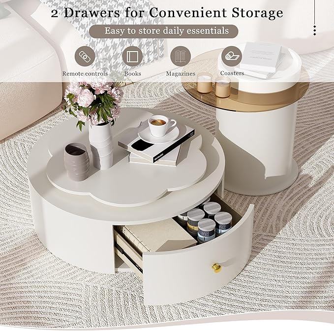 27.5" Modern Round Swivel Coffee Table Set of 2, 360° Rotating Flower-Shaped Center Table with 2 Drawers & Side Tables,MDF Frame Glass Top End Tables for Living Room,Milky White