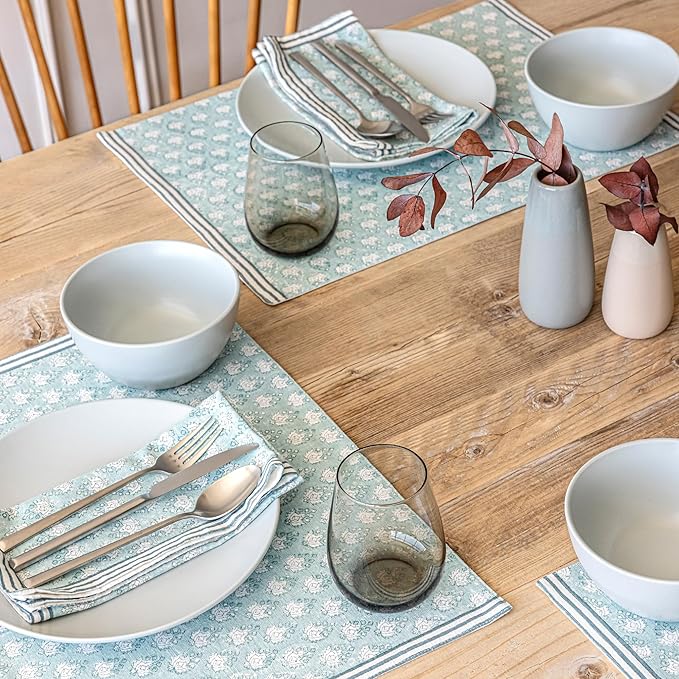 Over&Back Set of 4 Hand-Blocked Placemats - Colorful Dining Table Mat - Each Placemat is Unique - 100% Cotton - Machine Washable - Kitchen and Home Decor - Blue Leaf