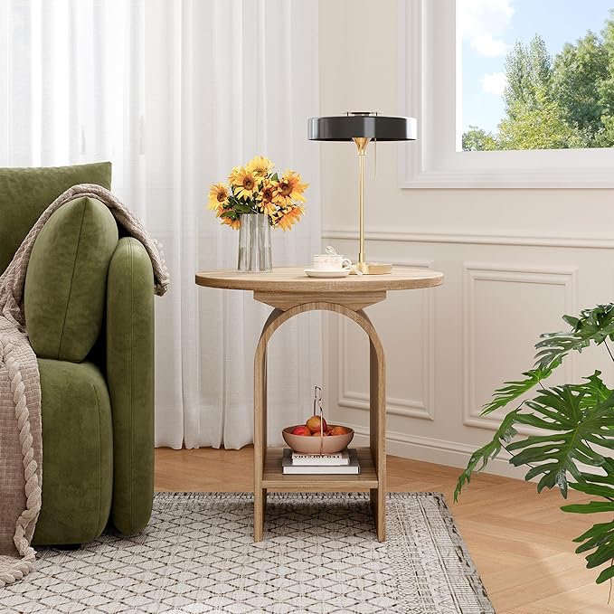 Side Table Set of 2, Round Coffee Table for Living Room, 2-Tier end Table with Storage and Thickened Tabletop, Modern Center Table Boho Small Bed Side Table for Living Room Office, Natural