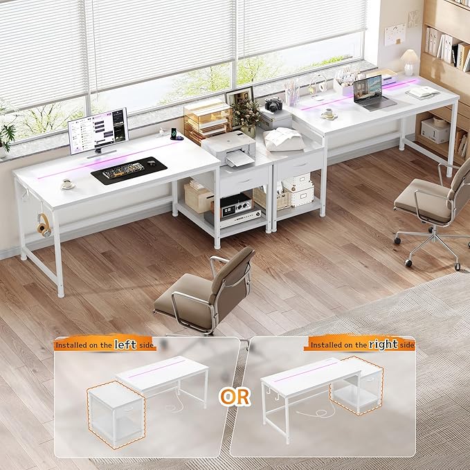 Computer Desk with Printer Shelf & Storage Shelves,48.1 Inch Gaming Desk with LED Lights & Power Outlet,Office Desk with Headphone Hook,Reversible Corner Desk for Small Space,White