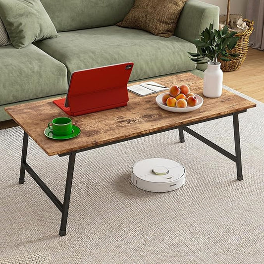 Black Coffee Table Foldable,Simple Modern Rectangular Center Table, Industrial Wood Tabletop and Metal Frame, Low Coffee Table for Home Office, Living Room,No Assembly,Rustic Brown