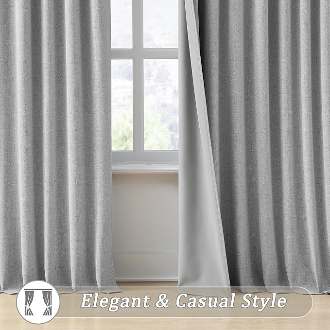 RAIN CITY 94 Inch Long Blackout Curtains 2 Panels Set,70 Inch Wide Back Tab Pleated Curtains with Hooks Track System,Energy Efficinet Linen Blend Drapes for Dining Room Hoom Office 70x94,Grey