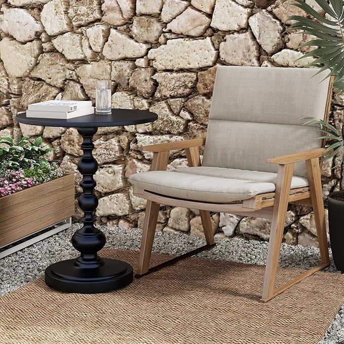 Metal Small End Table,Vintage Matte Black Round Side Table Nightstand for Bedside or Sofa,Small Accent Pedestal Table for Living Room Corners Bedroom Patio and bar (Matte Black)