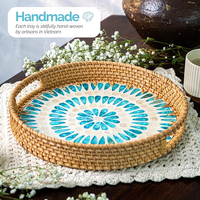JUNGLE CULTURE Rattan Serving Tray 12" with Mother of Pearl Inlay • Coastal Boho Collection • Handcrafted Woven with Handles for Home • Round Dining Table Tray • Wicker Serving Basket – Ripple