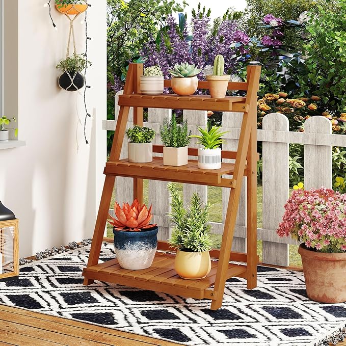 Giantex Foldable Ladder Plant Shelf, 3-Tier Solid Wood Indoor Outdoor Flower Pot Display Rack, Corner Storage Bookshelf, Freestanding Tiered Plant Stand for Garden Patio Balcony, No Assembly